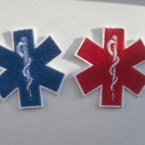 Star of Life iron on patch, rod of asclepius applique, medical symbol, Blue Red color.