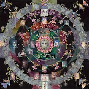 May include: A circular, multi-colored mandala with a black background. The mandala features a central circle with the word "goodbye" written in gold lettering. The mandala is surrounded by a series of concentric circles, each with a different color and pattern. The mandala is also decorated with a variety of images, including flowers, stars, and geometric shapes.