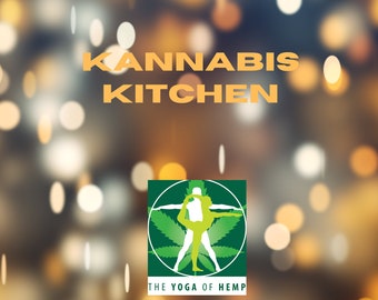 May include: A book cover with a blurred background of golden lights. The title is "Cannabis Kitchen: The Yoga of Hemp, 3rd Edition" by Jahne Hope-Williams. The cover features a green circle with a white silhouette of two people doing yoga.