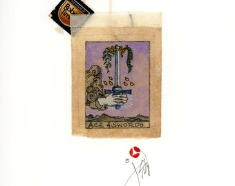 The Ace of Swords original miniature watercolour painting on a tea bag exact to Rider Waite in every detail