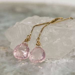 Rose Quartz Earrings, 14K Gold Filled Ear Threaders, Drop Dangle Gemstone Earrings, Pink Gemstone Earrings