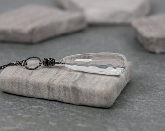 Crystal Necklace, Oxidized Sterling Silver, Drop Faceted Natural Crystal, Simple Minimalist Jewelry