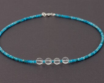 Apatite Necklace, Dark Apatite and Clear Quartz Delicate Necklace, Blue gemstone Choker