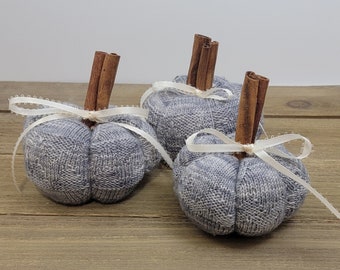 Stuffed knit pumpkin, silver gray boho halloween or thanksgiving fall decor