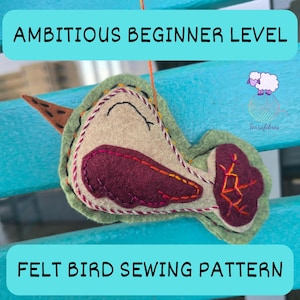 May include: A felt bird sewing pattern featuring a beige body, a dark maroon wing, and a dark maroon tail with orange embroidery. The bird has a brown beak with black dots and green felt edges. Text reads AMBITIOUS BEGINNER LEVEL and FELT BIRD SEWING PATTERN.