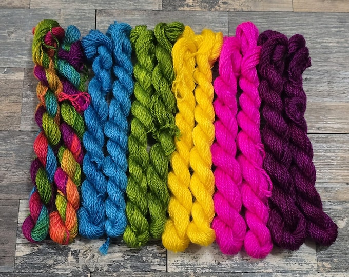 Featured listing image: Bundle of 12 Hand Dyed Wool and Silk Embroidery Thread by Terrafibres, IDIC Colorway