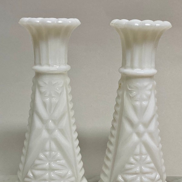 Vtg SET of 2 Vases Milk Glass Bud 5.5 inch Etched White 1960s-1970s