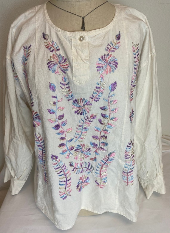 Vtg Mexican Hand Embroidered Blouse and Pants Set 