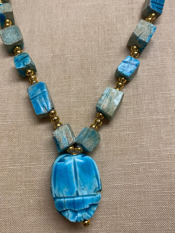 Vtg NECKLACE SCARAB Faience Scarab 28" with Beetle