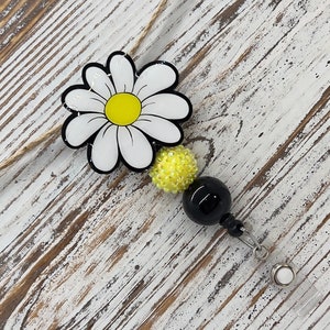 White Daisy Cartoon Flower ID Badge Reel