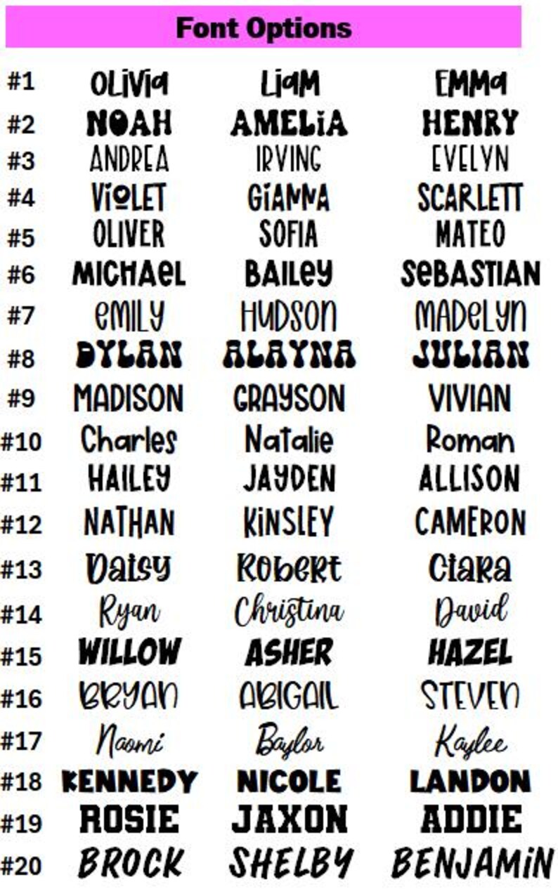 May include: A chart titled Font Options displaying twenty numbered rows of black text on a white background. Each row features three distinct names written in various typographic styles, ranging from bold block letters to cursive scripts.