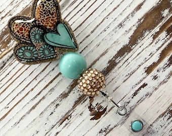 Turquoise Hearts Western ID Badge Reel