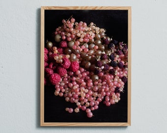 Moody food photo art print of currants, gooseberries, raspberries. Printed on matte paper of fine art quality. By Ulrika Ekblom Photography.