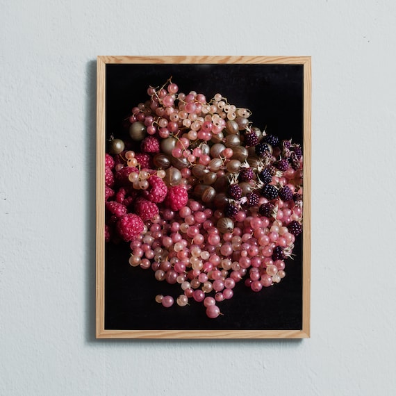 Pink and white currants, gooseberries, blackberries and raspberries.