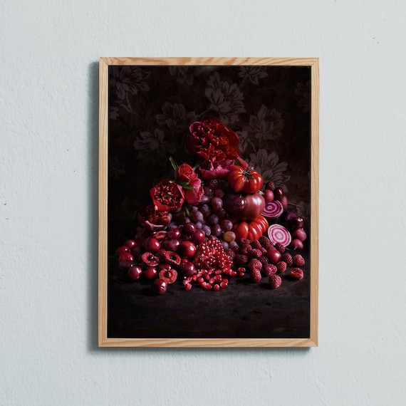 Red fruit and Berries. Raspberries, cherries, grapes, pomegranate, tomatoes, radishes, chioggia beets and a few peonies.