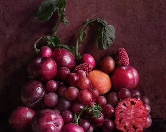 Art photography print of grapes, apricot, radishes, plums, raspberries and a tomato. Printed on matte paper of fine art quality.