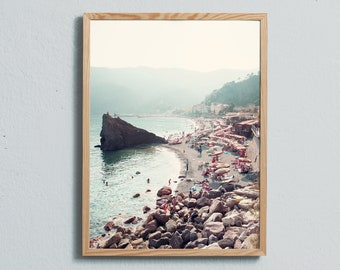 Photography art print of the beach, ocean, mountains Cinque Terre, Italy. Printed on matte paper of fine art quality.