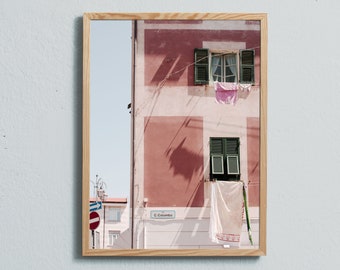 Photography art print of a  pink building in Riva Trigoso, Italy. Printed on matte paper of fine art quality.