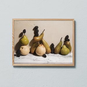 Food photography print of grey, green and brown pears and blackberries. Printed on matte paper of fine art quality. By Ulrika Ekblom Photo.