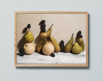 Food photography print of grey, green and brown pears and blackberries. Printed on matte paper of fine art quality. By Ulrika Ekblom Photo.