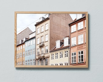 Photography print of pastel coloured, old buildings, Copenhagen , Denmark. Printed on matte paper of fine art quality.