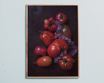 Art photography print of tomatoes on dark background with purple flowers. Printed on matte paper of fine art quality. By Ulrika Ekblom Photo