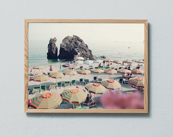 Photography art print of the parasols on the beach of Cinque Terre. Italy. Printed on matte paper of fine art quality.