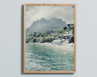 Photography art print of the ocean, beach and mountains in Sorrento, Italy. Printed on matte paper of fine art quality.