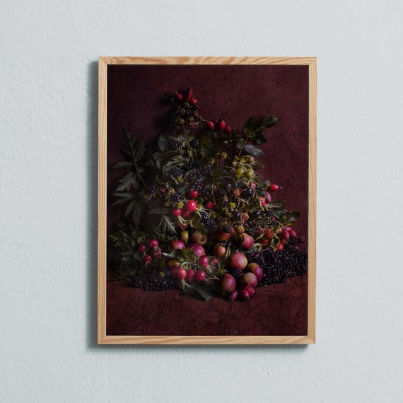 Red fruit and berries. Apples, blackberries, rosehip and elderberries.