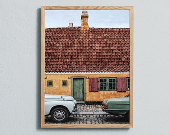 Photography print of old yellow buildings and vintage cars in Copenhagen. Printed on matte paper of fine art quality.