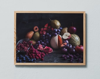 Moody still life art photography print of fruits and berries. Printed on matte paper of fine art quality.