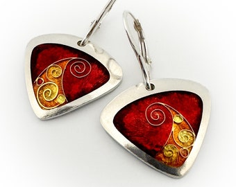 Ruby Red Triangle Earrings - 24k gold wires Cloisonné & Champlevé Enamel on Fine Silver w Sterling Ear Wires - Sandra McEwen Designs