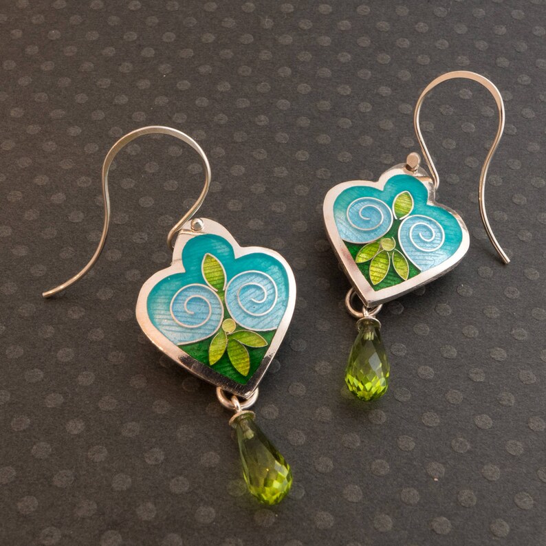 Cloisonn\u00e9 and Champlev\u00e9 Enamels on Fine Silver w Sterling Ear Wires Aqua /& Green Lazy Afternoon Earrings with Teardrop Briolette Peridots