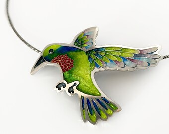 Vibrant Green and Blue HUMMINGBIRD Cloisonne & Champleve Enamel Pendant on Fine silver- includes sterling silver chain by Sandra McEwen