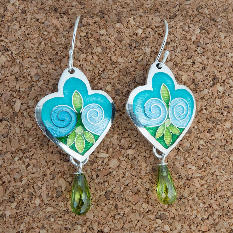 Cloisonn\u00e9 and Champlev\u00e9 Enamels on Fine Silver w Sterling Ear Wires Aqua /& Green Lazy Afternoon Earrings with Teardrop Briolette Peridots
