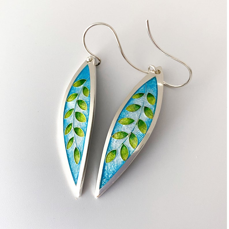 Aqua & Green Laurel Leaf Earrings Cloisonné and Champlevé Enamels on Fine Silver w/ Sterling Silver Ear Wires image 3