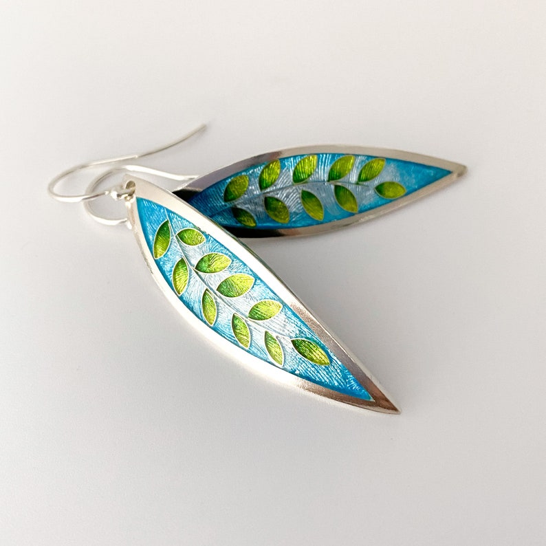 Aqua & Green Laurel Leaf Earrings Cloisonné and Champlevé Enamels on Fine Silver w/ Sterling Silver Ear Wires image 2