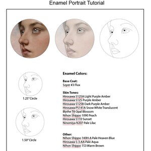 May include: An instructional guide titled "Enamel Portrait Tutorial" with examples of a portrait in various stages. Includes a list of enamel colors for base coats, skin tones, and other colors. The image also shows two circles with a diameter of 1.25 and 1.50 inches.