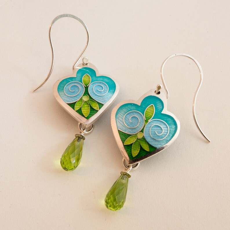 Cloisonn\u00e9 and Champlev\u00e9 Enamels on Fine Silver w Sterling Ear Wires Aqua /& Green Lazy Afternoon Earrings with Teardrop Briolette Peridots