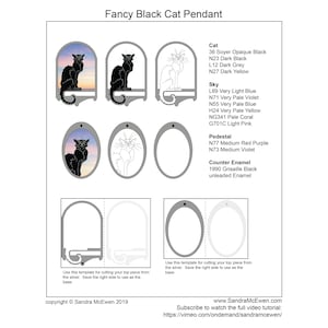 May include: A digital template for a black cat pendant. The template includes a black cat silhouette, a pedestal, and a sky background. The template is designed for cutting from silver.