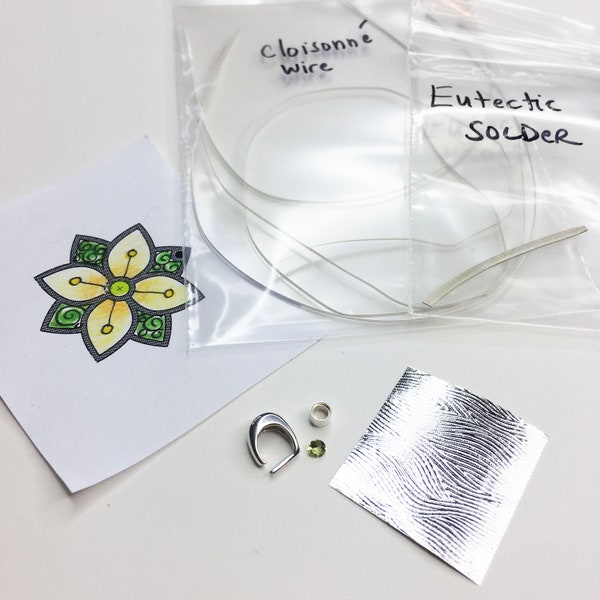 Supply Kit - TUBE SETTING champleve flower pendant - enamels, sterling bail, silver foil, cloisonne wire & eutectic solder  - Sandra McEwen