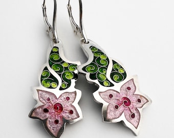 Delicate shades of Pink Flower Drop Enamel Earrings - Cloisonné and Champlevé Enamel on Fine Silver w Sterling Ear Wires - Sandra McEwen