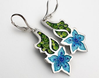 Bluebell Flower Drop Vitreous Glass Enamel Earrings - Cloisonné and Champlevé Enamel on Fine Silver with Sterling Ear Wires - Sandra McEwen