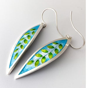 Aqua & Green Laurel Leaf Earrings Cloisonné and Champlevé Enamels on Fine Silver w/ Sterling Silver Ear Wires image 4