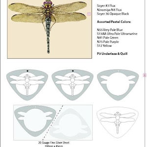 May include: A dragonfly project craft pattern featuring a detailed illustration of a dragonfly, a list of paint colors, and three different templates for cutting out a dragonfly shape from a 20 gauge fine silver sheet measuring 100mm x 45mm.