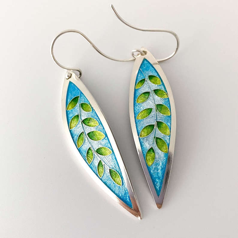 Aqua & Green Laurel Leaf Earrings Cloisonné and Champlevé Enamels on Fine Silver w/ Sterling Silver Ear Wires image 1