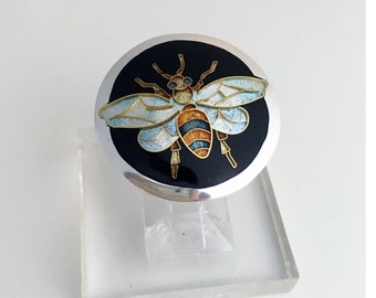 Bumblebee Ring - Bee on Black Background - Champleve and Cloisonne Enamel w Sterling Silver Band - 24K gold wires - Size 7 by Sandra McEwen