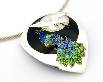Vitreous Enamel Peacock Brooch and Pendant - Cloisonné & Champleve Enamel on Silver with 24K Gold Wire work by Sandra McEwen Jewelry