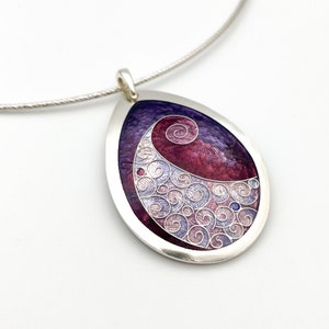 Purple Wave Pendant – Cloisonné & Champlevé Enamel Necklace on Fine Silver with  18” Sterling Silver Chain Sandra McEwen Designs