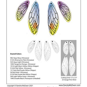 May include: A printable pattern for insect wing earrings. The pattern includes six wings in various colors, including purple, blue, yellow, green, and red. The pattern also includes a cutting grid and instructions for making the earrings.